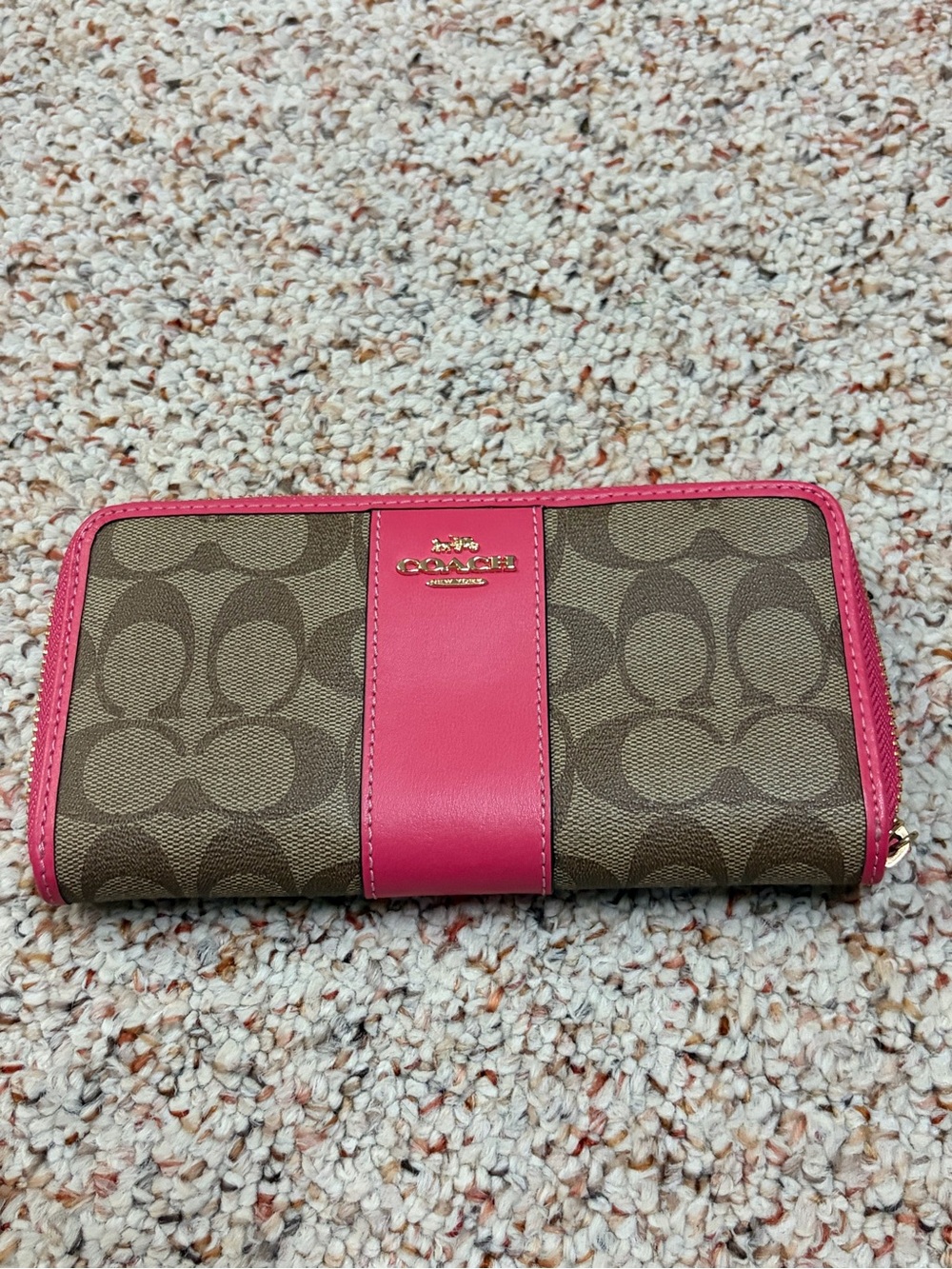 Coach Brown Signature Canvas Continental Wallet with Pink Trim